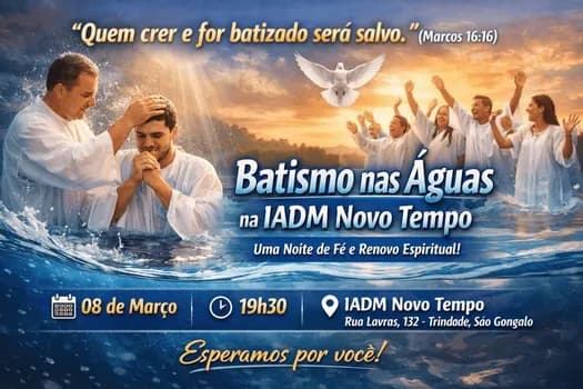 Imagem do Batismo nas Águas reúne fiéis na IADM Novo Tempo em São Gonçalo neste domingo