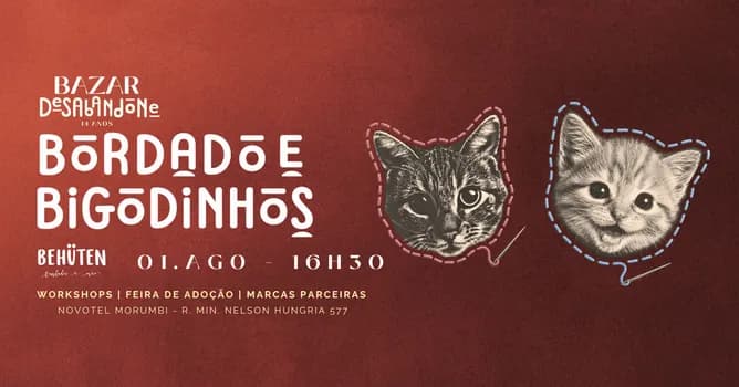 Imagem do BAZAR DESABANDONE 14 ANOS | - BORDADO E BIGODINHOS: AULA DE BORDADO COM OS GATINHOS - 01/08
