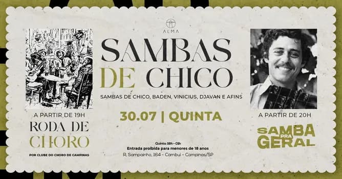 Imagem do CLUBE DO CHORO DE CAMPINAS + SAMBAS DE CHICO NO ALMA CAMPINAS | 30.07