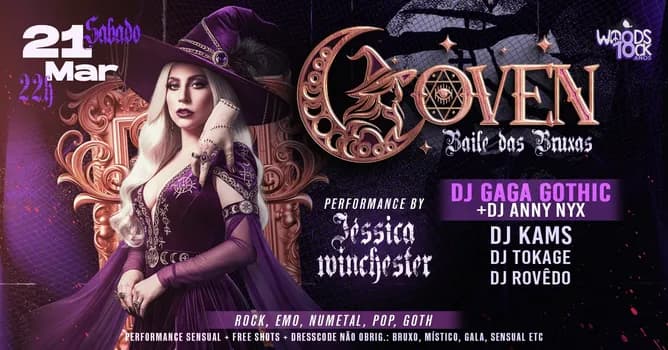 Imagem do COVEN Baile das Bruxas | C/ Gaga Gothic e Jess Winchester | Rock, Emo, Numetal, Pop, Goth