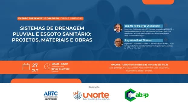 Imagem do Evento: SISTEMAS DE DRENAGEM PLUVIAL E ESGOTO SANITÁRIO - PROJETOS, MATERIAIS E OBRAS