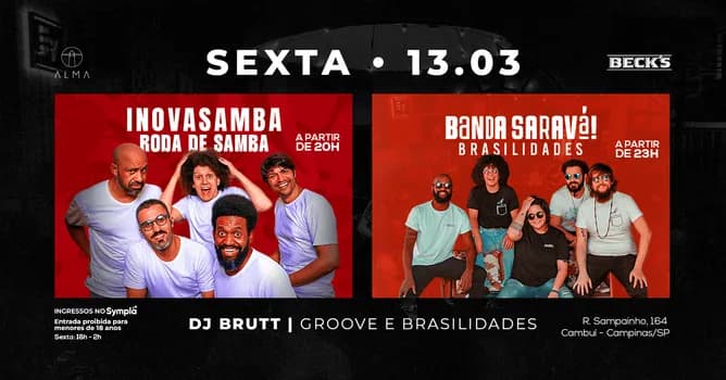 Imagem do INOVASAMBA + BANDA SARAVÁ + DJ BRUTT NO ALMA CAMPINAS | 13.03