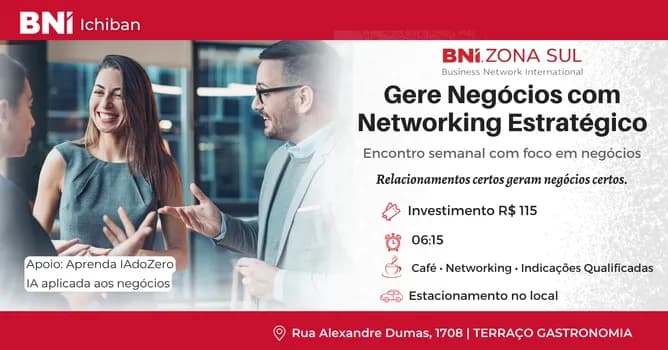 Imagem do Networking Empresarial em São Paulo (Chácara Santo Antônio) | Gere Negócios com Método (BNI)