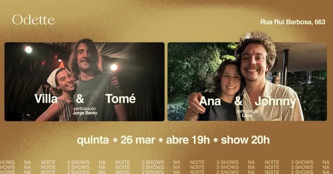 Imagem do Odette apresenta Ana Spalter & Johnny Accetta e Luíza Villa & Tomé Antunes - 2 shows na noite