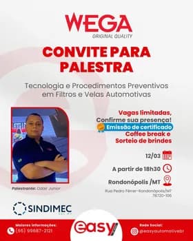 Imagem do Palestra Tecnologia e Procedimentos em Filtros e Velas Automotivas com Odair Junior.